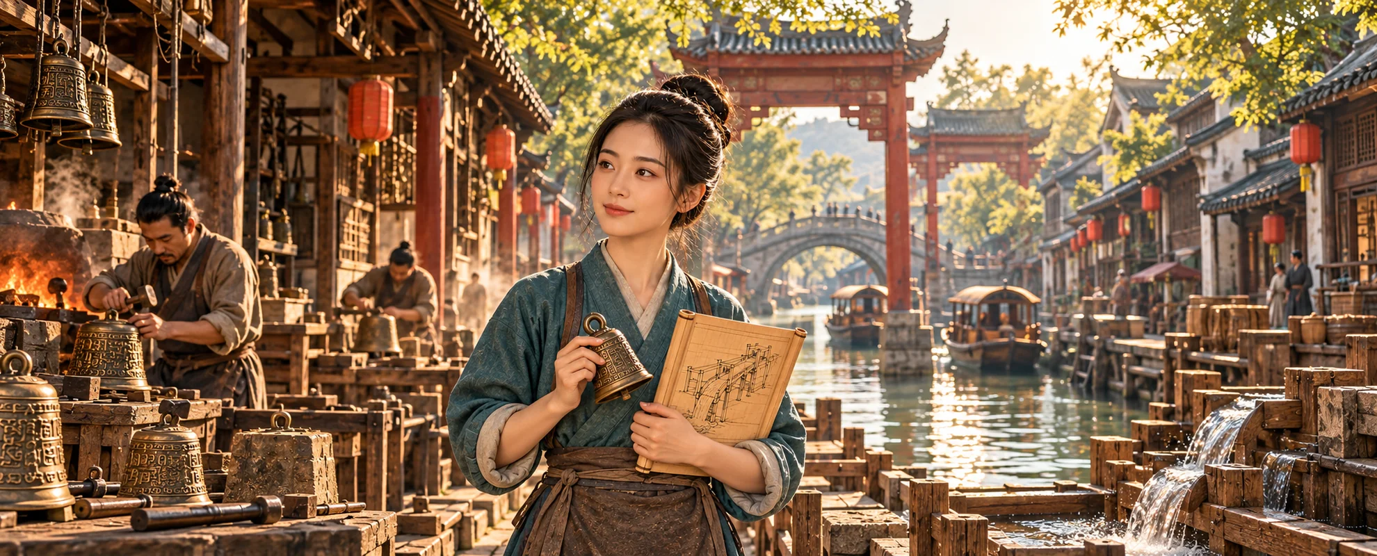 郁青手持铜铃，站在南城旧水渠旁